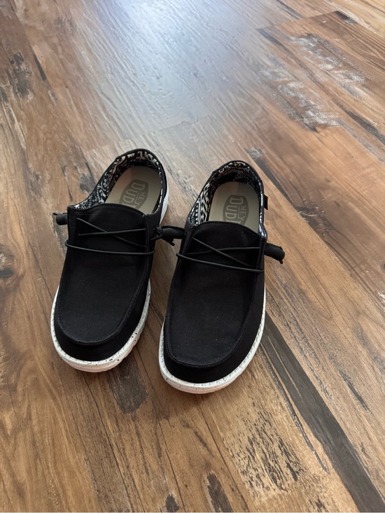 Hey Dude Shoes - Hey Dude Women's Black Canvas Slip-On Loafers with White Speckled Sole